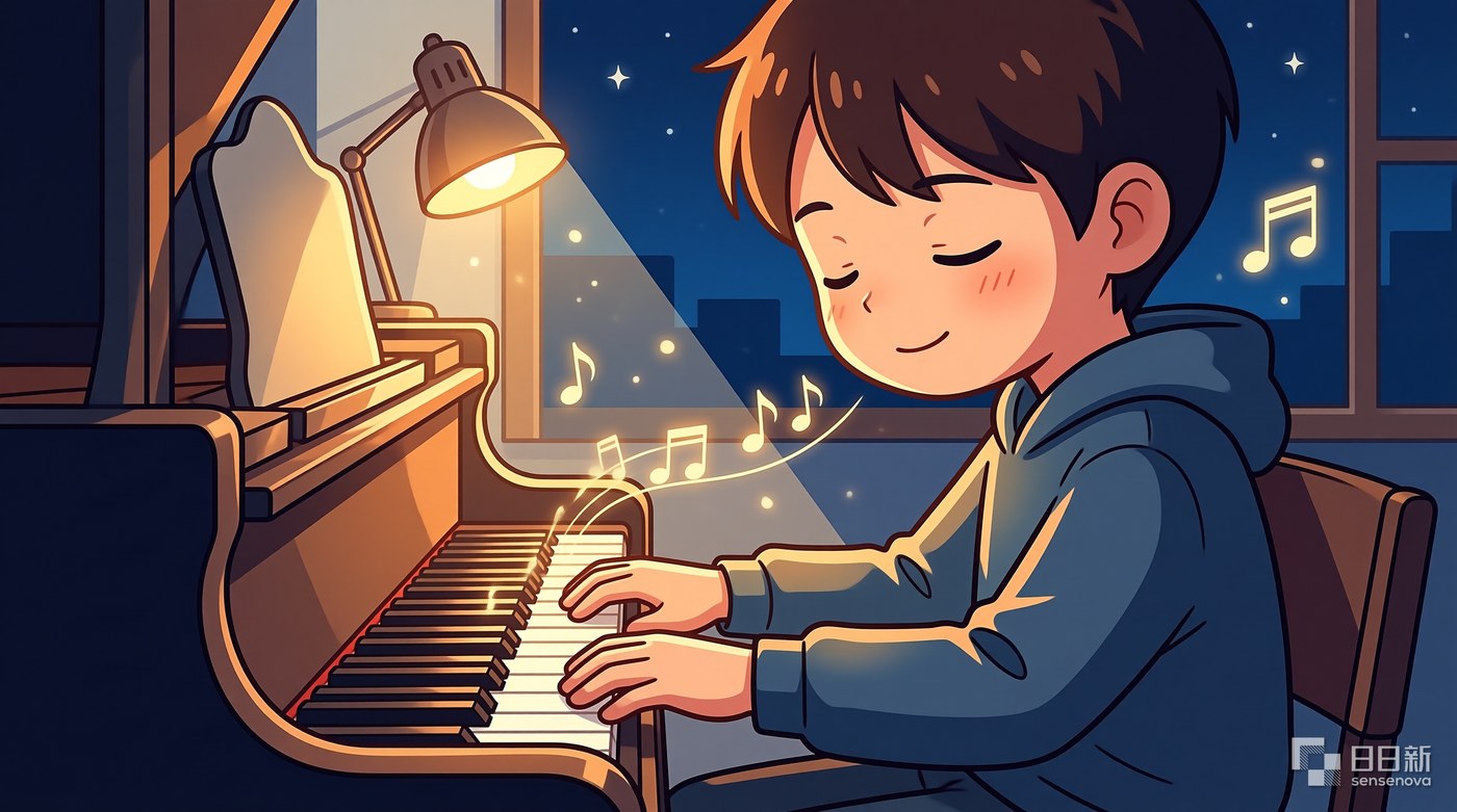 深夜弹琴的少年，音符像萤火虫一样绕着他飞——心流里的人，不知道累